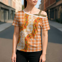 Orange Hawaii Palaka Cross Shoulder Shirt Hawaiian Ilima Lei LT05 - Polynesian Pride