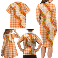 Orange Hawaii Palaka Family Matching Long Sleeve Bodycon Dress and Hawaiian Shirt Hawaiian Ilima Lei