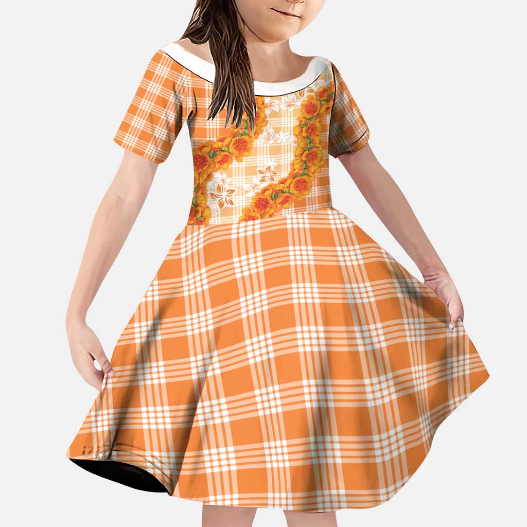 Orange Hawaii Palaka Family Matching Off Shoulder Maxi Dress and Hawaiian Shirt Hawaiian Ilima Lei