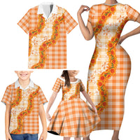 Orange Hawaii Palaka Family Matching Short Sleeve Bodycon Dress and Hawaiian Shirt Hawaiian Ilima Lei