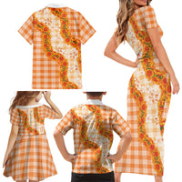Orange Hawaii Palaka Family Matching Short Sleeve Bodycon Dress and Hawaiian Shirt Hawaiian Ilima Lei