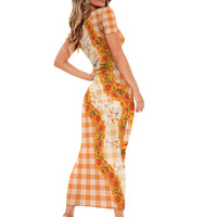 Orange Hawaii Palaka Family Matching Short Sleeve Bodycon Dress and Hawaiian Shirt Hawaiian Ilima Lei