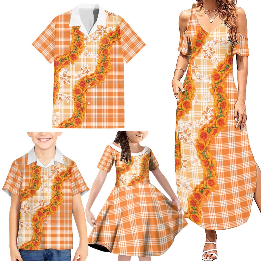 Orange Hawaii Palaka Family Matching Summer Maxi Dress and Hawaiian Shirt Hawaiian Ilima Lei LT05 - Polynesian Pride