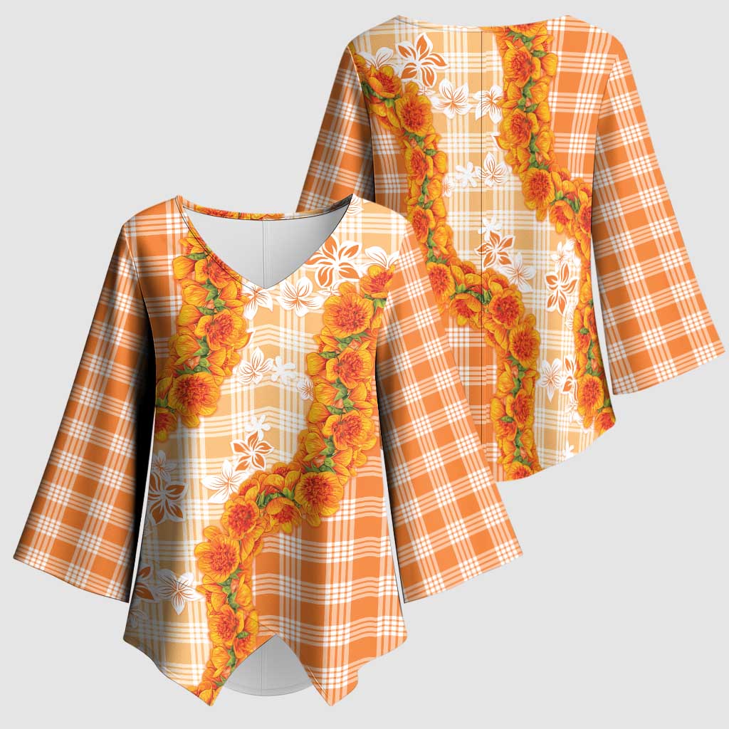Orange Hawaii Palaka Kimono Sleeve Blouse Hawaiian Ilima Lei LT05 - Polynesian Pride