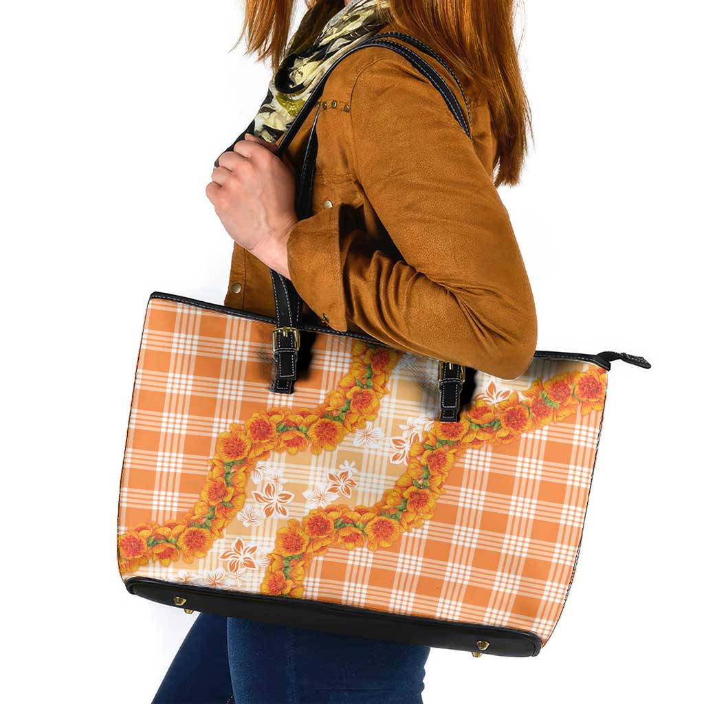 Orange Hawaii Palaka Leather Tote Bag Hawaiian Ilima Lei