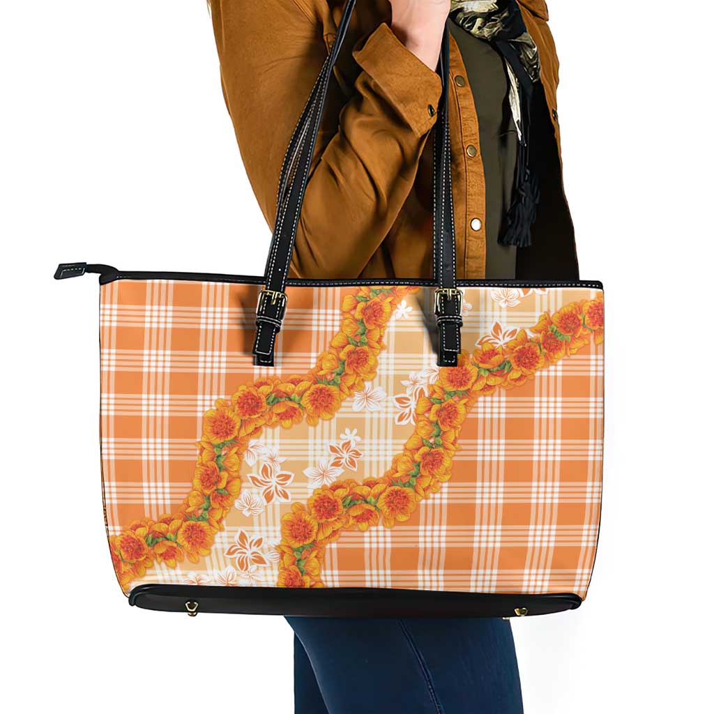 Orange Hawaii Palaka Leather Tote Bag Hawaiian Ilima Lei