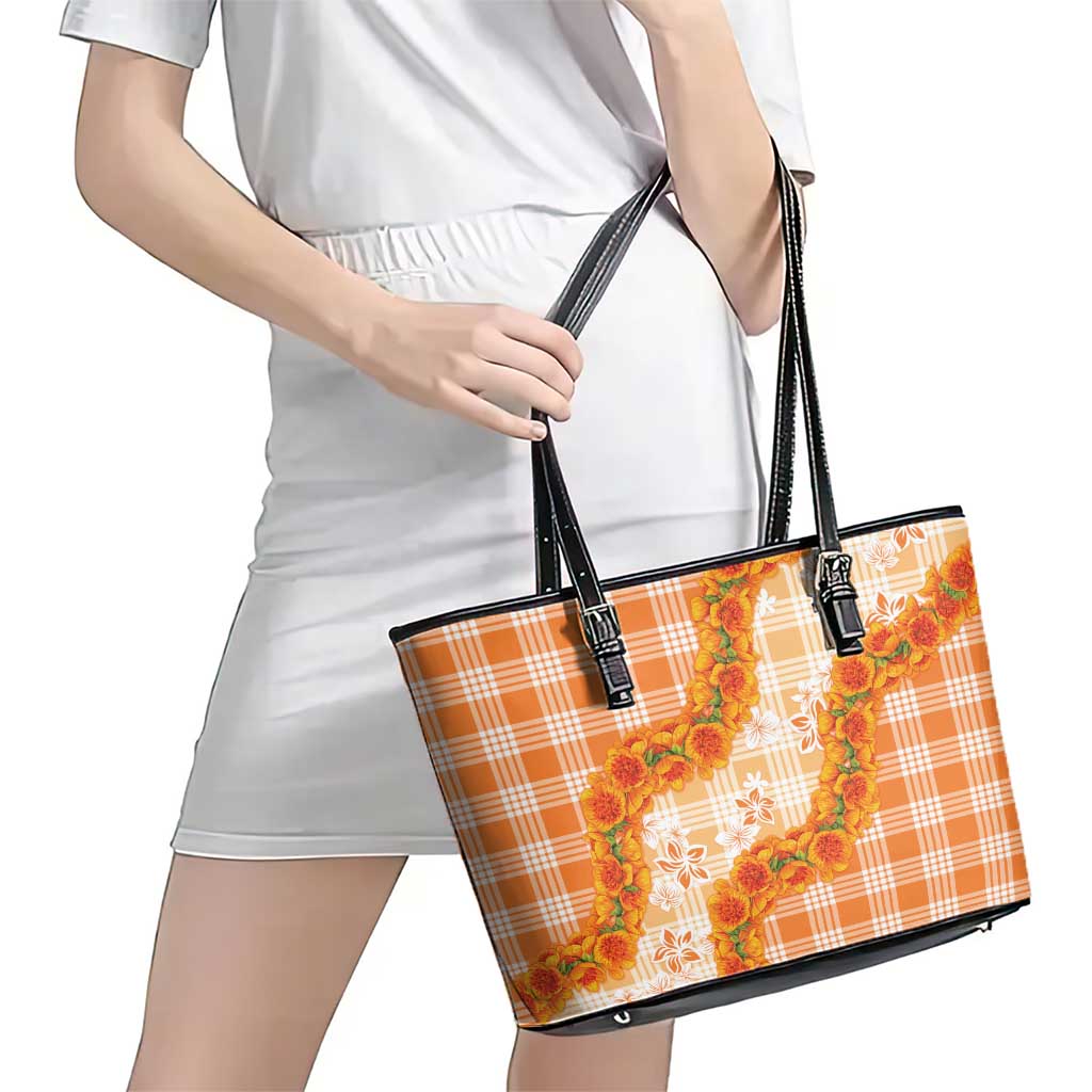 Orange Hawaii Palaka Leather Tote Bag Hawaiian Ilima Lei