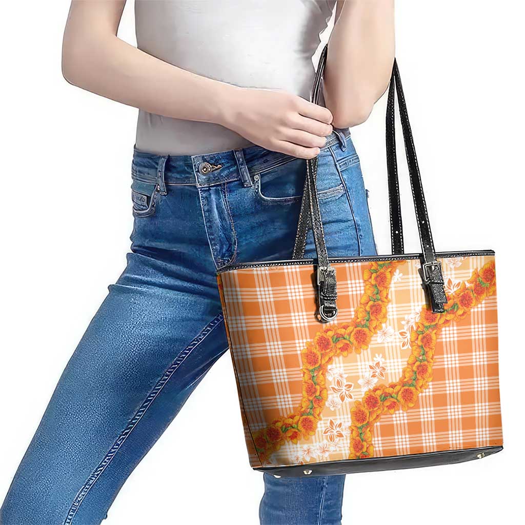 Orange Hawaii Palaka Leather Tote Bag Hawaiian Ilima Lei
