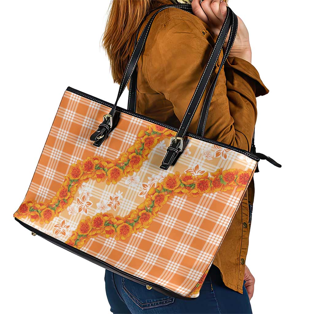 Orange Hawaii Palaka Leather Tote Bag Hawaiian Ilima Lei
