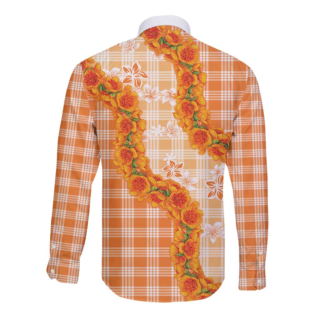 Orange Hawaii Palaka Long Sleeve Button Shirt Hawaiian Ilima Lei LT05 - Polynesian Pride