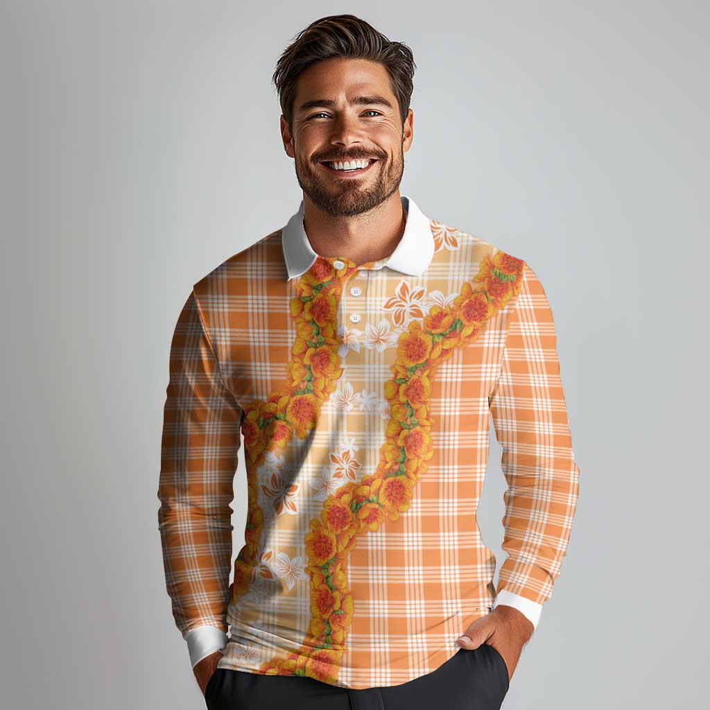 Orange Hawaii Palaka Long Sleeve Polo Shirt Hawaiian Ilima Lei