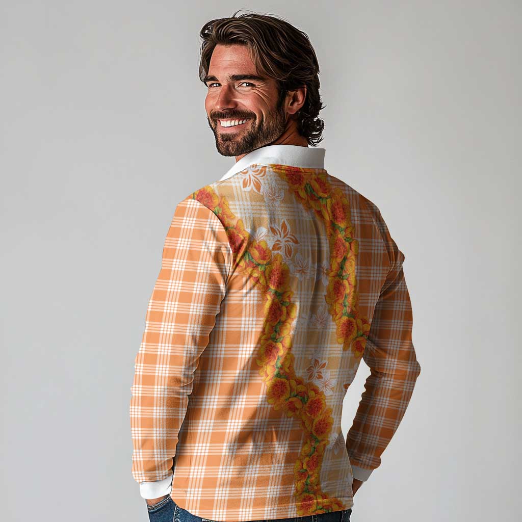 Orange Hawaii Palaka Long Sleeve Polo Shirt Hawaiian Ilima Lei