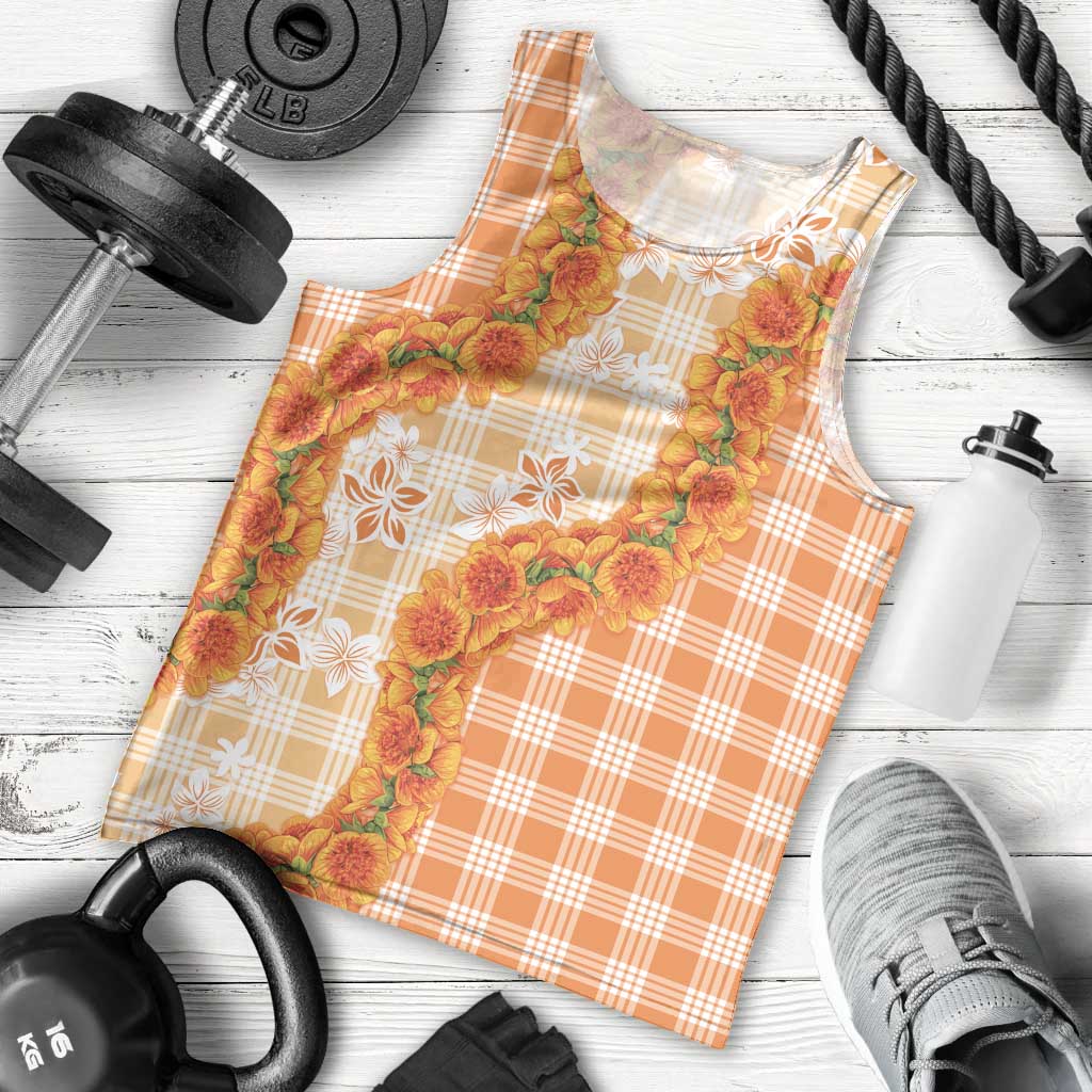 Orange Hawaii Palaka Men Tank Top Hawaiian Ilima Lei LT05 - Polynesian Pride