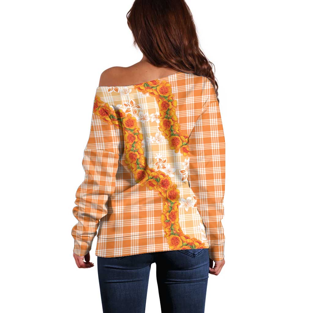 Orange Hawaii Palaka Off Shoulder Sweater Hawaiian Ilima Lei LT05 - Polynesian Pride