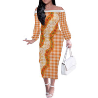Orange Hawaii Palaka Off The Shoulder Long Sleeve Dress Hawaiian Ilima Lei