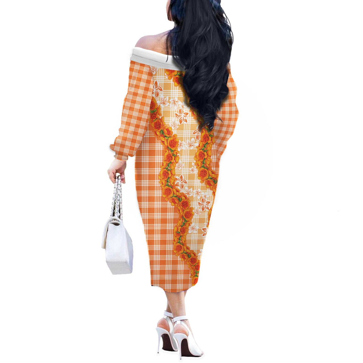 Orange Hawaii Palaka Off The Shoulder Long Sleeve Dress Hawaiian Ilima Lei
