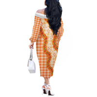 Orange Hawaii Palaka Off The Shoulder Long Sleeve Dress Hawaiian Ilima Lei