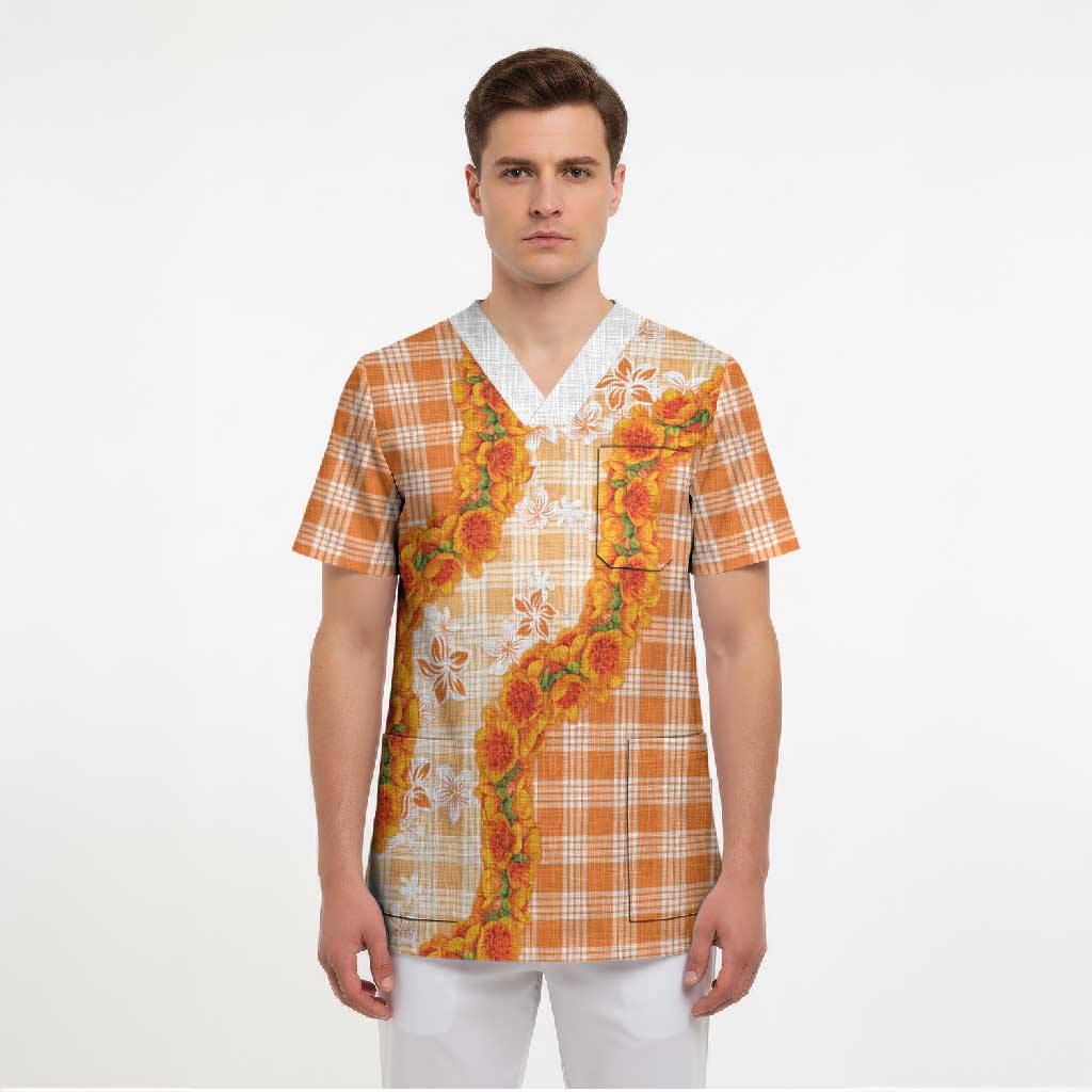 Orange Hawaii Palaka Scrub Top Hawaiian Ilima Lei LT05 - Polynesian Pride