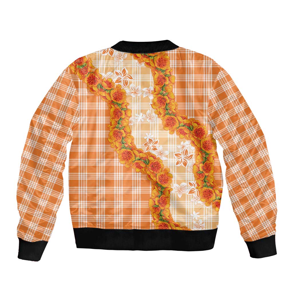 Orange Hawaii Palaka Sleeve Zip Bomber Jacket Hawaiian Ilima Lei LT05 - Polynesian Pride