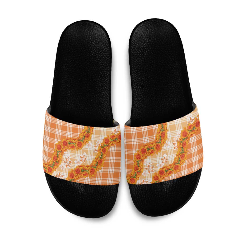 Orange Hawaii Palaka Slide Sandals Hawaiian Ilima Lei