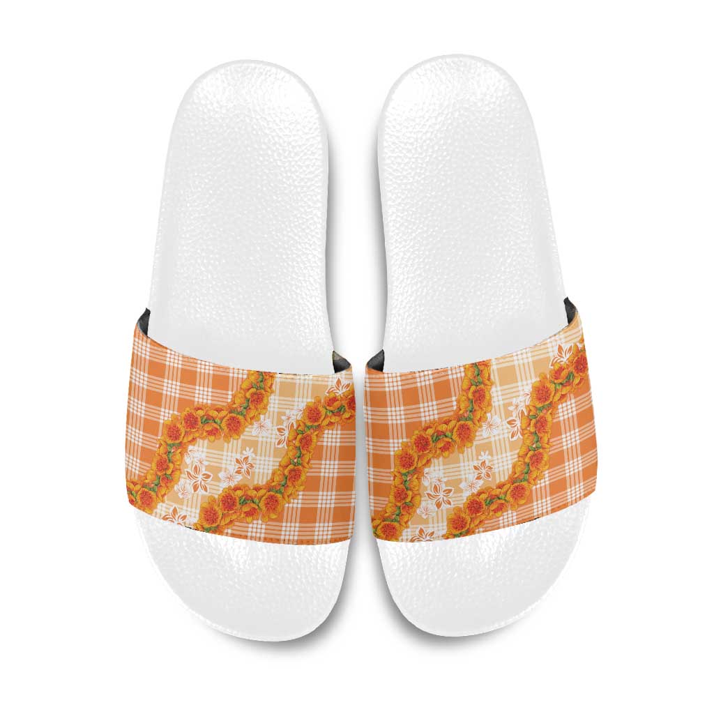 Orange Hawaii Palaka Slide Sandals Hawaiian Ilima Lei LT05 Orange - Polynesian Pride