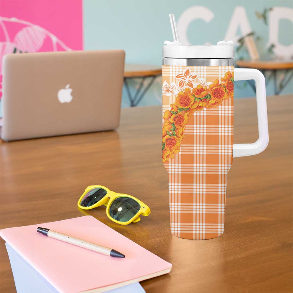 Orange Hawaii Palaka Tumbler With Handle Hawaiian Ilima Lei LT05 - Polynesian Pride