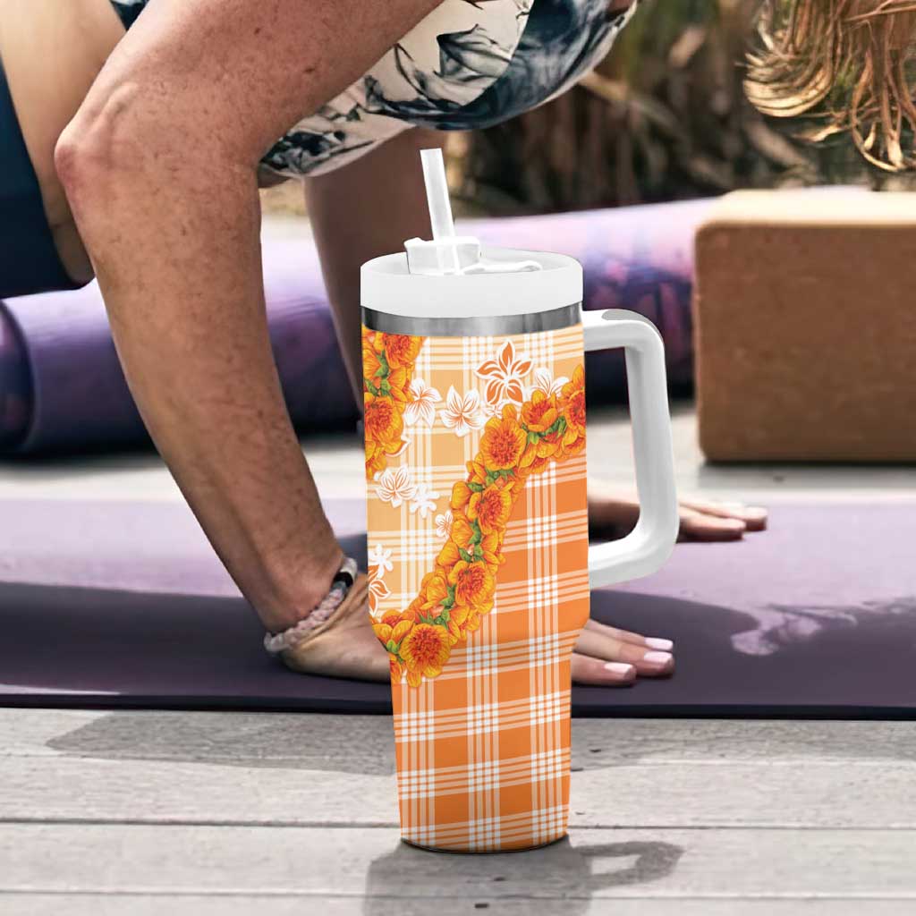Orange Hawaii Palaka Tumbler With Handle Hawaiian Ilima Lei LT05 - Polynesian Pride