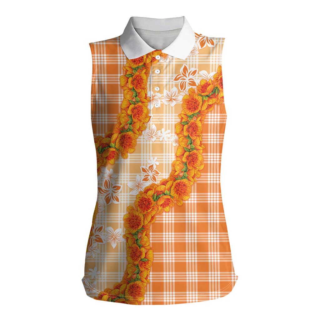 Orange Hawaii Palaka Women Sleeveless Polo Shirt Hawaiian Ilima Lei LT05 Female Orange - Polynesian Pride