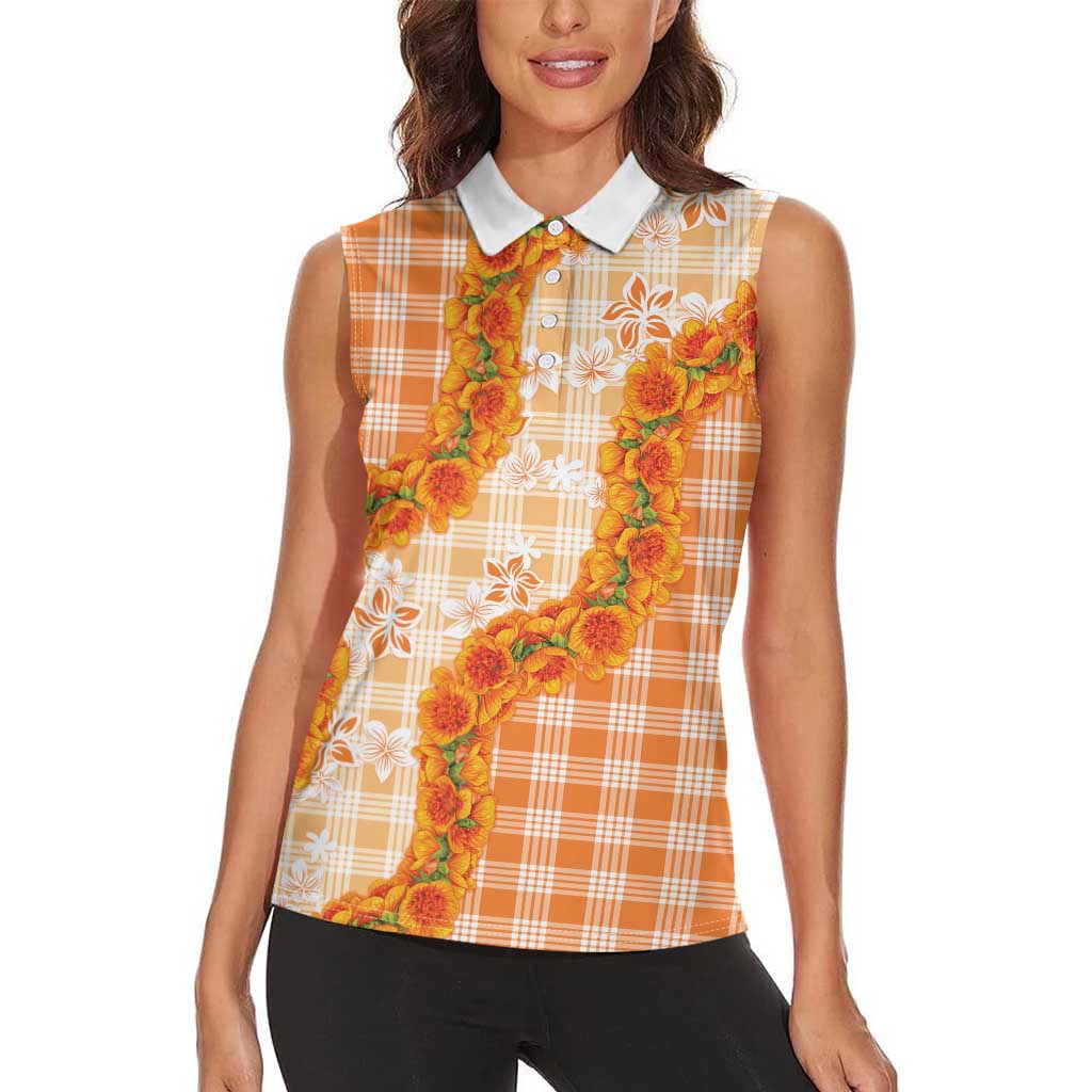 Orange Hawaii Palaka Women Sleeveless Polo Shirt Hawaiian Ilima Lei LT05 - Polynesian Pride