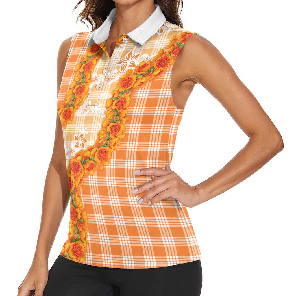 Orange Hawaii Palaka Women Sleeveless Polo Shirt Hawaiian Ilima Lei LT05 - Polynesian Pride