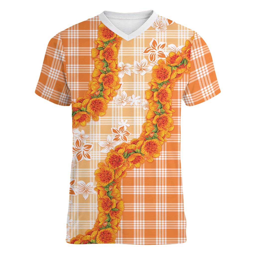 Orange Hawaii Palaka Women V-Neck T-Shirt Hawaiian Ilima Lei LT05 Female Orange - Polynesian Pride