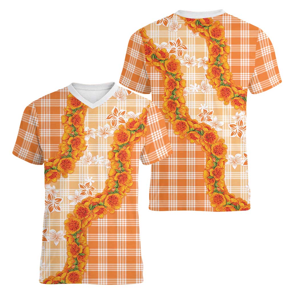 Orange Hawaii Palaka Women V-Neck T-Shirt Hawaiian Ilima Lei LT05 - Polynesian Pride