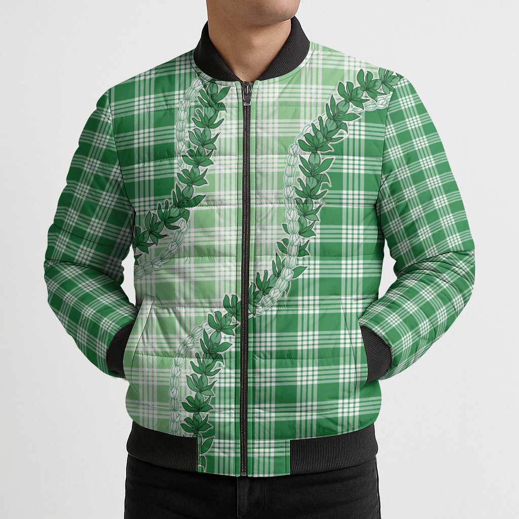 Green Hawaii Palaka Bomber Puffer Jacket Hawaiian Pikake Lei LT05 - Polynesian Pride