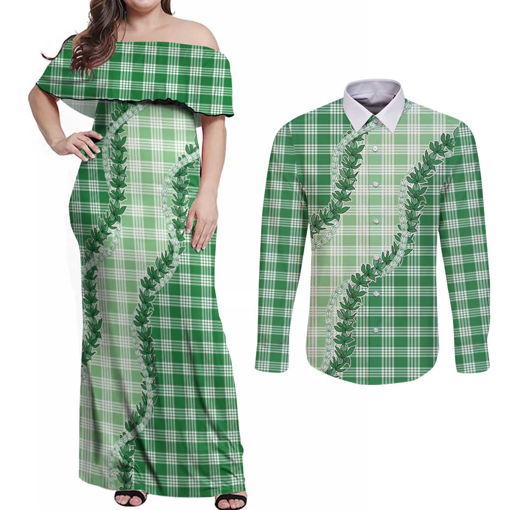 Green Hawaii Palaka Couples Matching Off Shoulder Maxi Dress and Long Sleeve Button Shirt Hawaiian Pikake Lei LT05 Green - Polynesian Pride