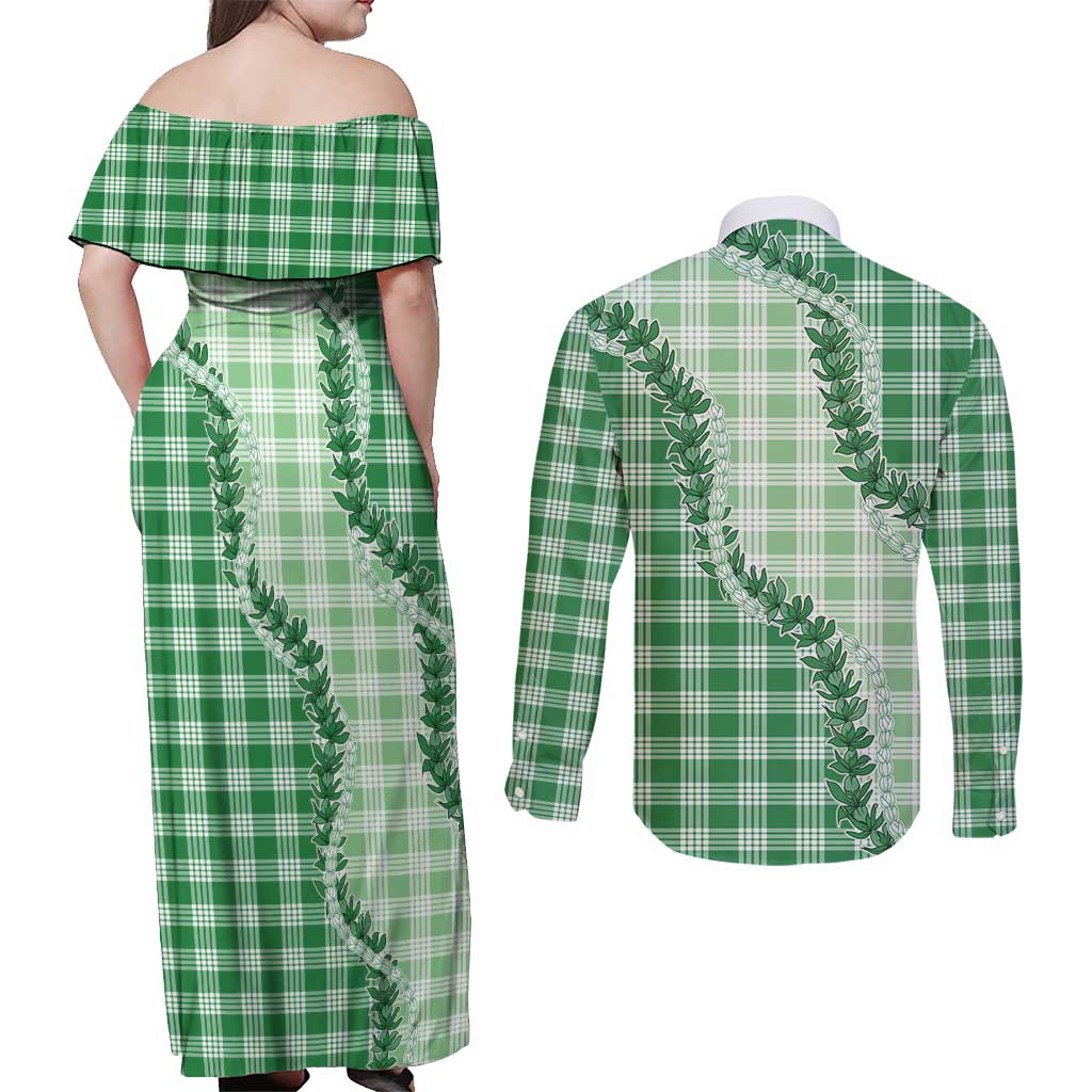 Green Hawaii Palaka Couples Matching Off Shoulder Maxi Dress and Long Sleeve Button Shirt Hawaiian Pikake Lei LT05 - Polynesian Pride