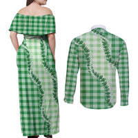 Green Hawaii Palaka Couples Matching Off Shoulder Maxi Dress and Long Sleeve Button Shirt Hawaiian Pikake Lei LT05 - Polynesian Pride