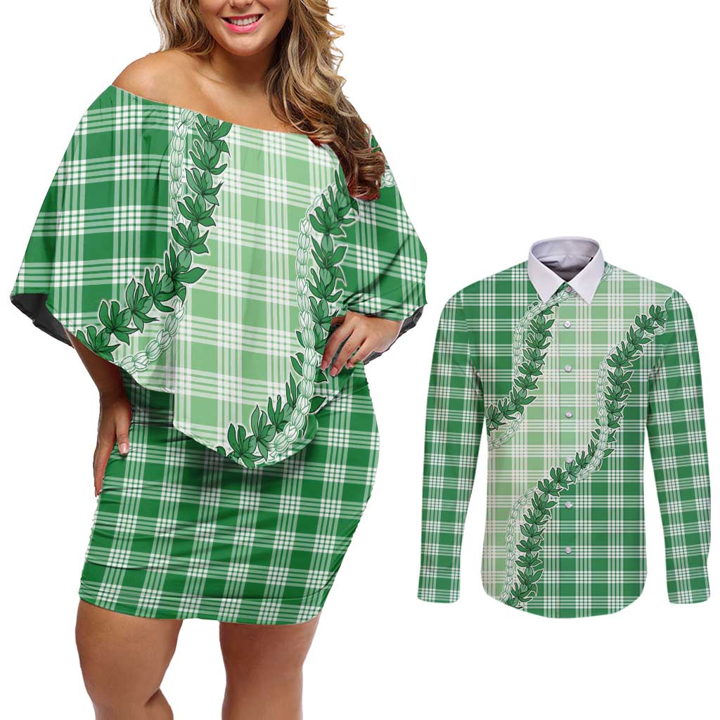 Green Hawaii Palaka Couples Matching Off Shoulder Short Dress and Long Sleeve Button Shirt Hawaiian Pikake Lei LT05 Green - Polynesian Pride