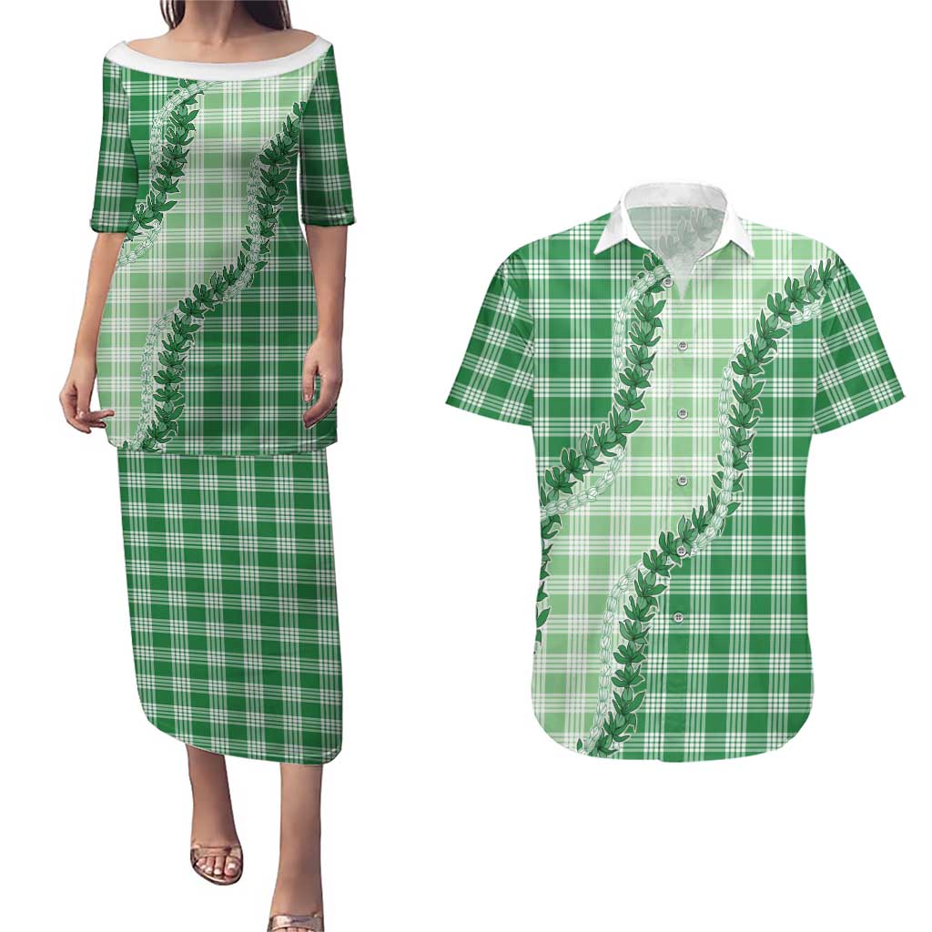 Green Hawaii Palaka Couples Matching Puletasi and Hawaiian Shirt Hawaiian Pikake Lei