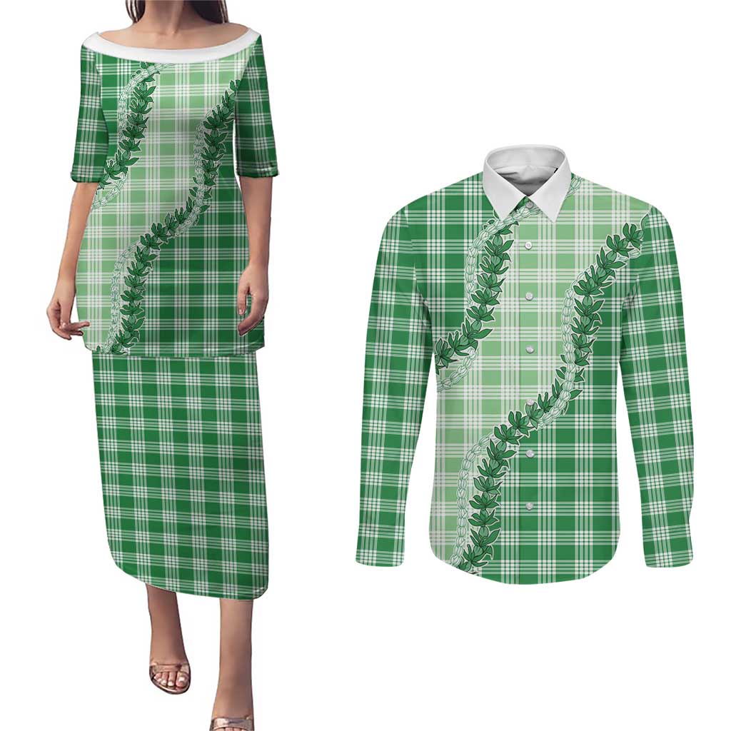 Green Hawaii Palaka Couples Matching Puletasi and Long Sleeve Button Shirt Hawaiian Pikake Lei LT05 Green - Polynesian Pride