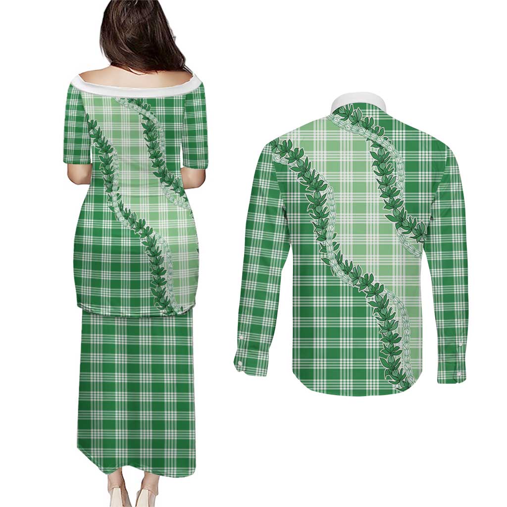 Green Hawaii Palaka Couples Matching Puletasi and Long Sleeve Button Shirt Hawaiian Pikake Lei LT05 - Polynesian Pride