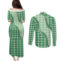 Green Hawaii Palaka Couples Matching Puletasi and Long Sleeve Button Shirt Hawaiian Pikake Lei LT05 - Polynesian Pride