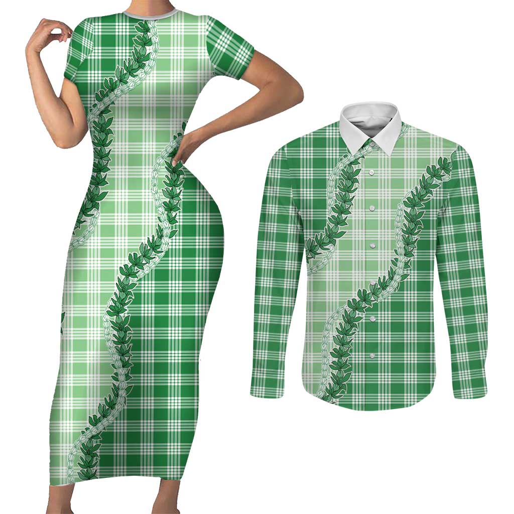 Green Hawaii Palaka Couples Matching Short Sleeve Bodycon Dress and Long Sleeve Button Shirt Hawaiian Pikake Lei LT05 Green - Polynesian Pride