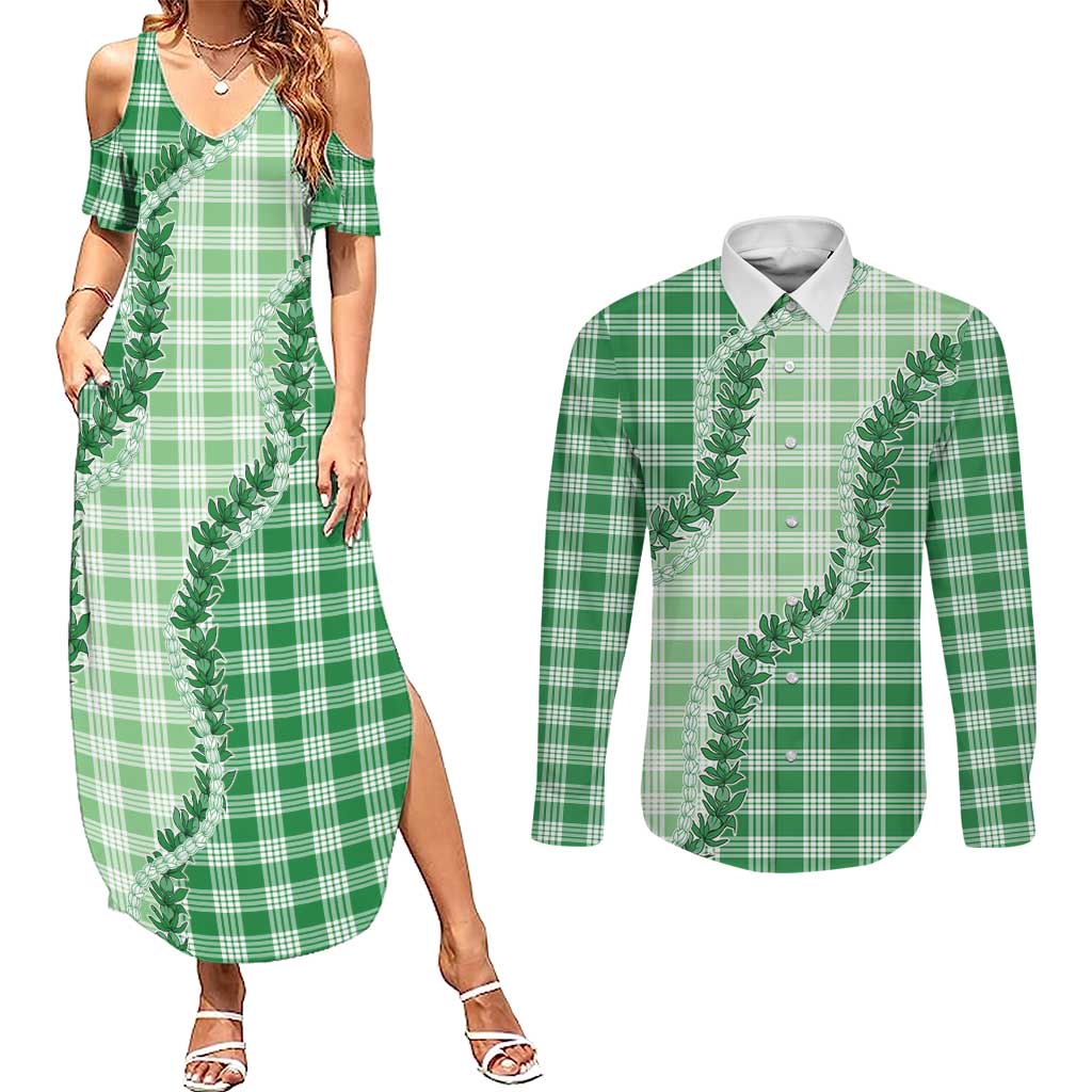 Green Hawaii Palaka Couples Matching Summer Maxi Dress and Long Sleeve Button Shirt Hawaiian Pikake Lei LT05 Green - Polynesian Pride
