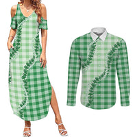 Green Hawaii Palaka Couples Matching Summer Maxi Dress and Long Sleeve Button Shirt Hawaiian Pikake Lei LT05 Green - Polynesian Pride