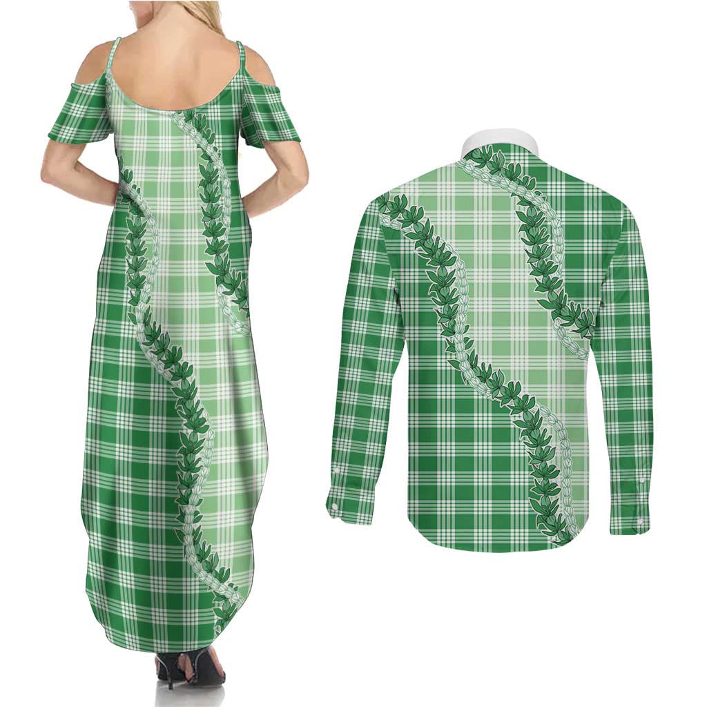 Green Hawaii Palaka Couples Matching Summer Maxi Dress and Long Sleeve Button Shirt Hawaiian Pikake Lei LT05 - Polynesian Pride
