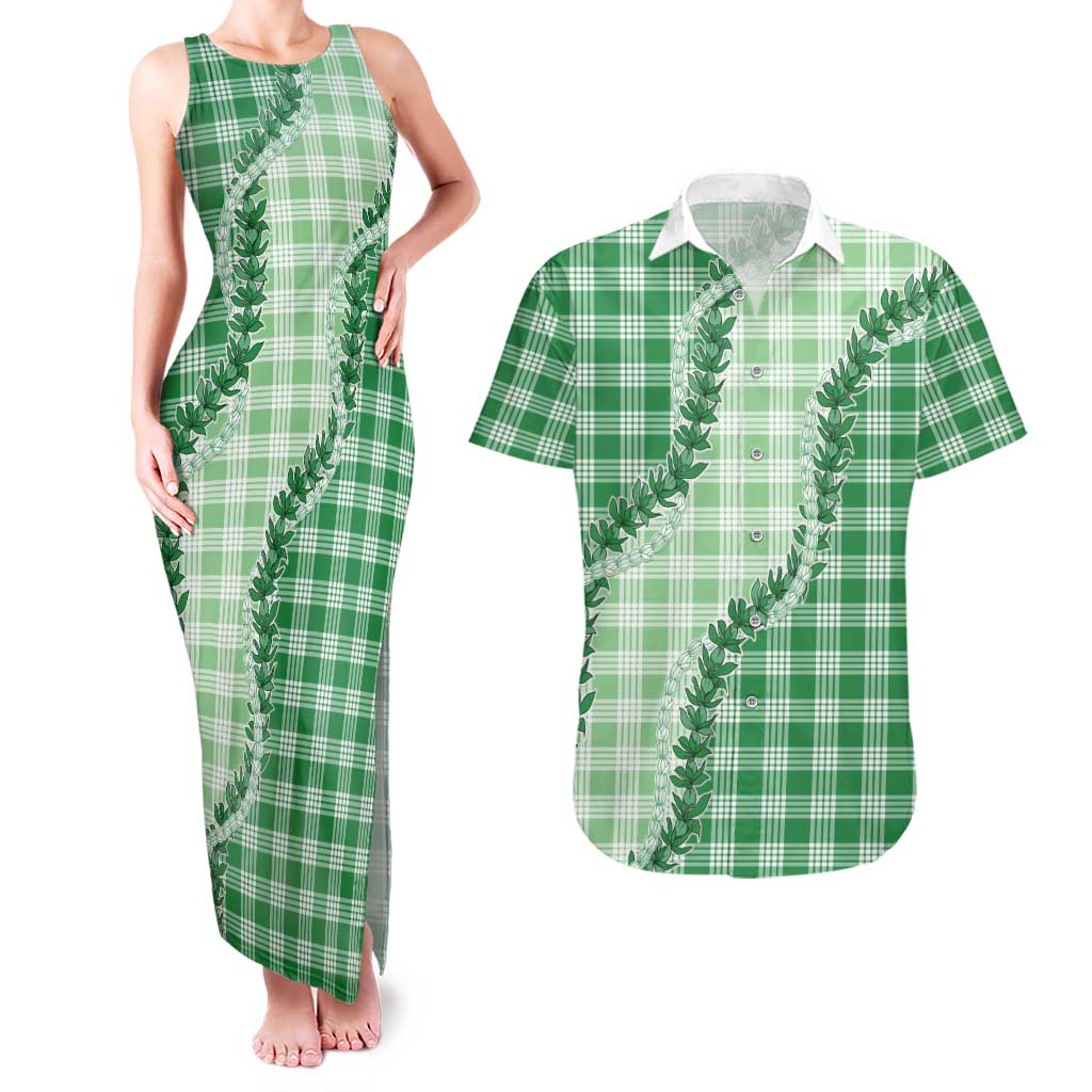 Green Hawaii Palaka Couples Matching Tank Maxi Dress and Hawaiian Shirt Hawaiian Pikake Lei LT05 Green - Polynesian Pride
