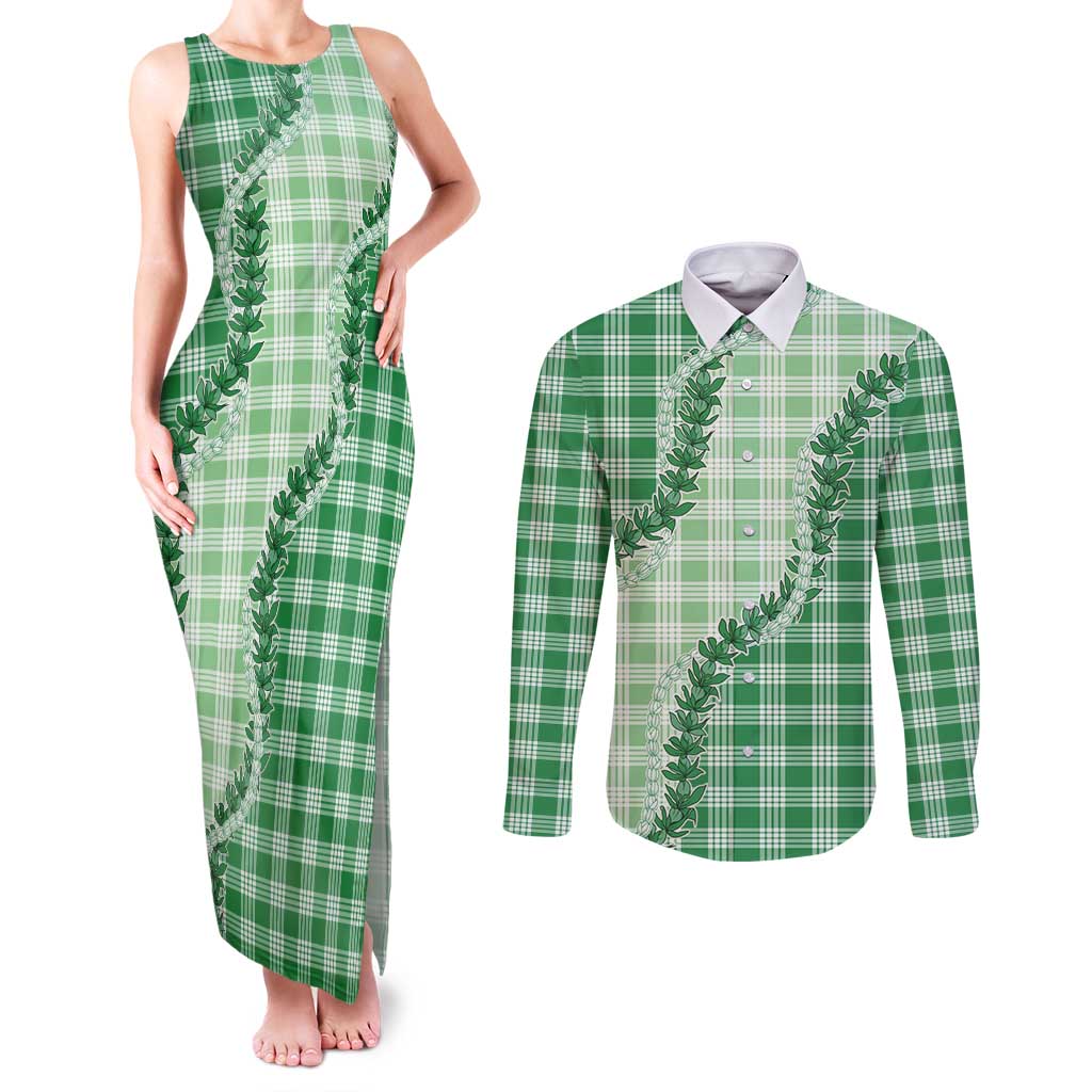 Green Hawaii Palaka Couples Matching Tank Maxi Dress and Long Sleeve Button Shirt Hawaiian Pikake Lei LT05 Green - Polynesian Pride