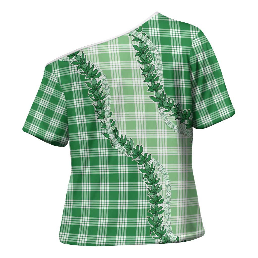 Green Hawaii Palaka Cross Shoulder Shirt Hawaiian Pikake Lei LT05 - Polynesian Pride