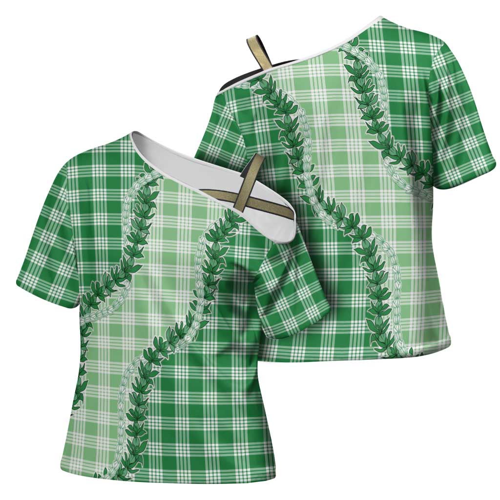 Green Hawaii Palaka Cross Shoulder Shirt Hawaiian Pikake Lei LT05 - Polynesian Pride