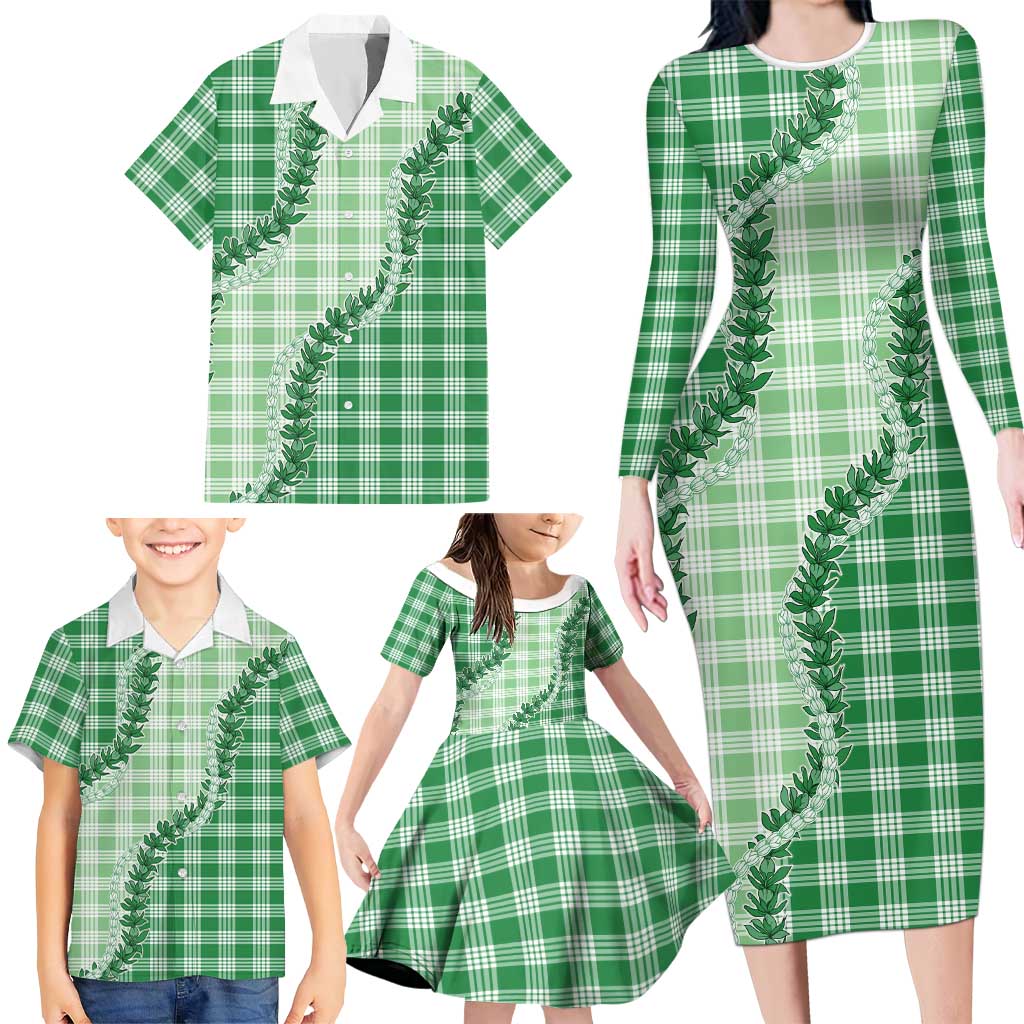 Green Hawaii Palaka Family Matching Long Sleeve Bodycon Dress and Hawaiian Shirt Hawaiian Pikake Lei